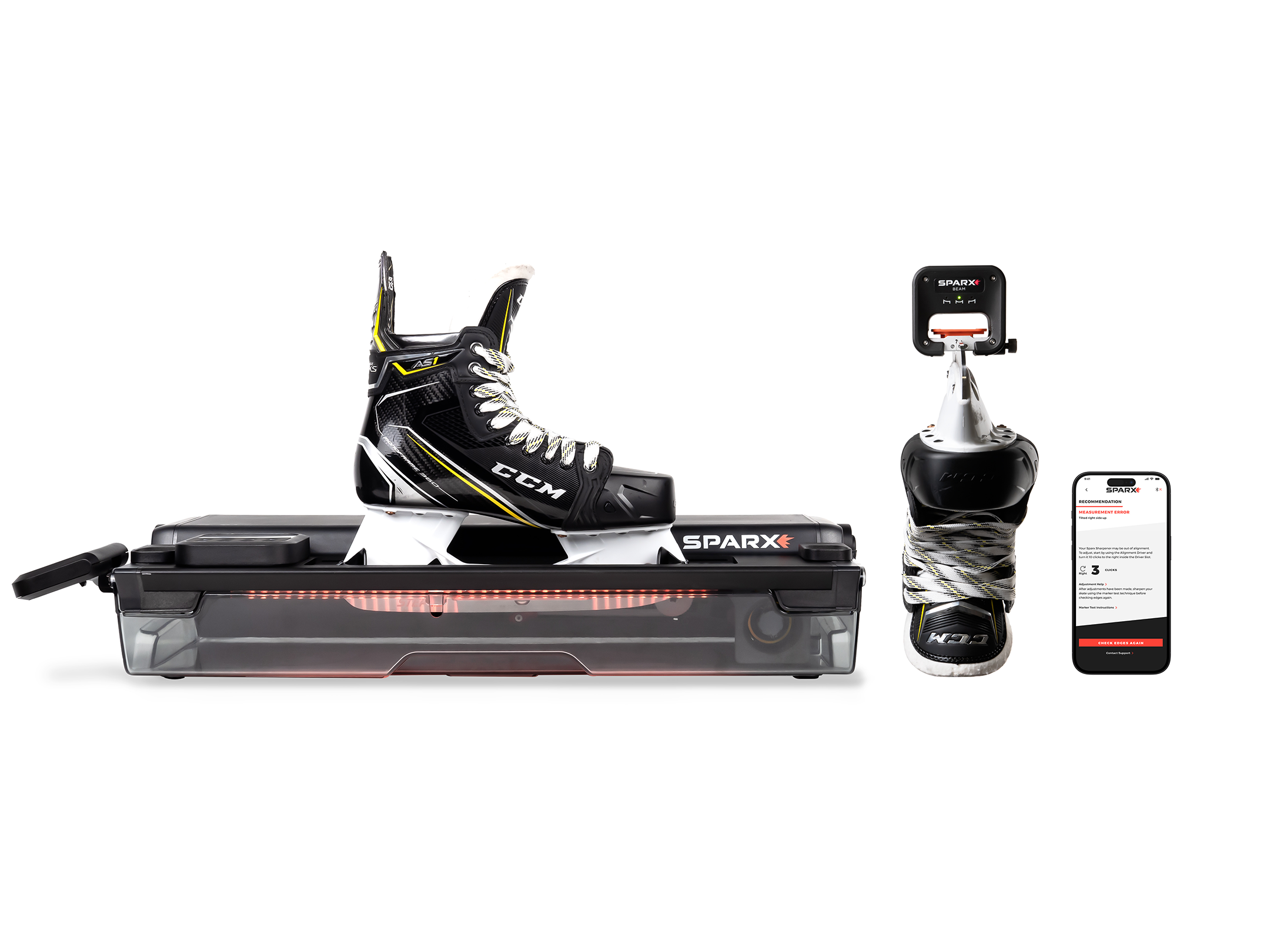 Skate Sharpener with skate, next to sharpened skate with blade up and mobile phone with sharpening app opened.