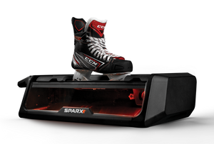 The ES100 Sparx Sharpener with a Hockey Skate being Sharpened 